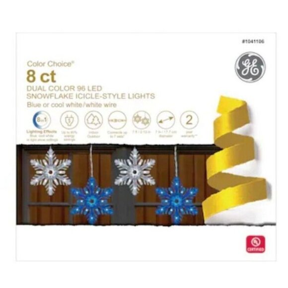 8 Count GE Snowflake Lights Color Choice Dual Color White & Blue LED 1041106 7ft - Picture 1 of 8